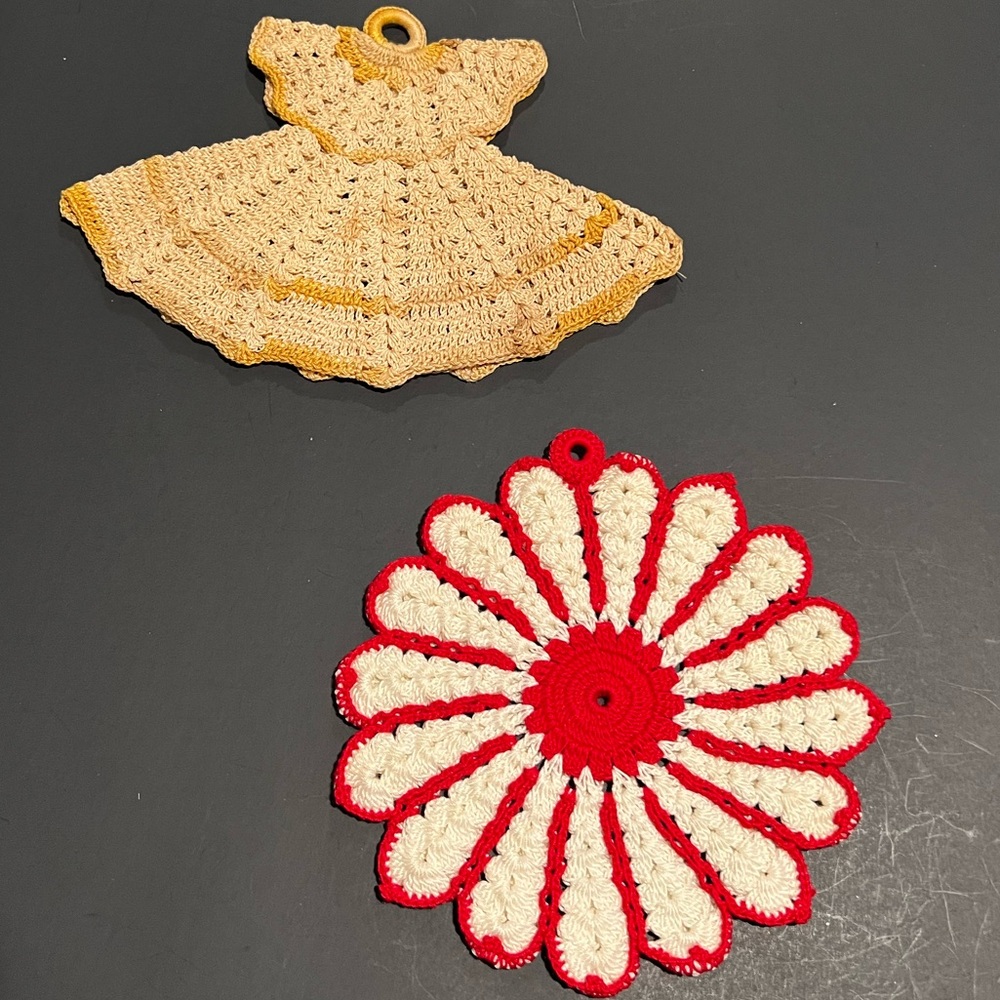2 Vintage Handmade Crocheted Pot Holders Dress Shaped and Round One